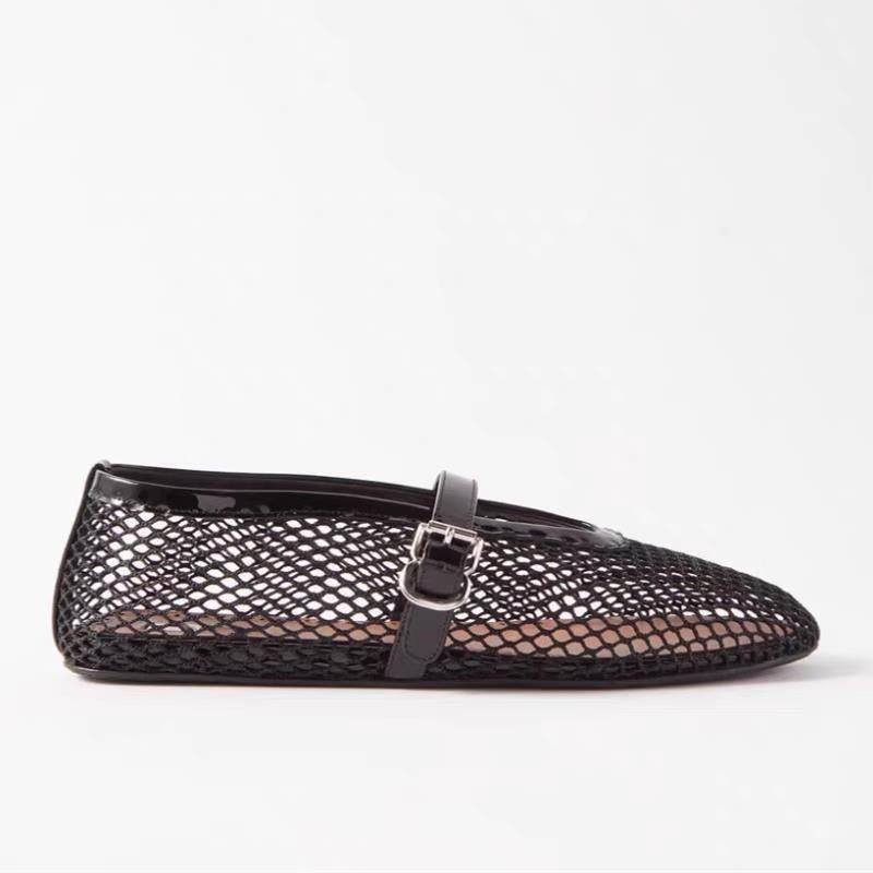French-Style Hollow Fishnet Ballet Shoes Women'S Summer Outfit One-Character Buckle Flat Shallow Mesh Shoes - Image 5